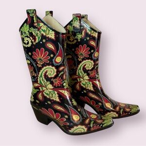 Nomad Corkys Yippy Western Rain Boots Black Paisley Print Size 7
